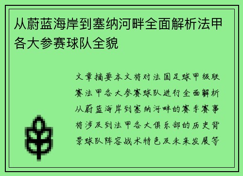 从蔚蓝海岸到塞纳河畔全面解析法甲各大参赛球队全貌