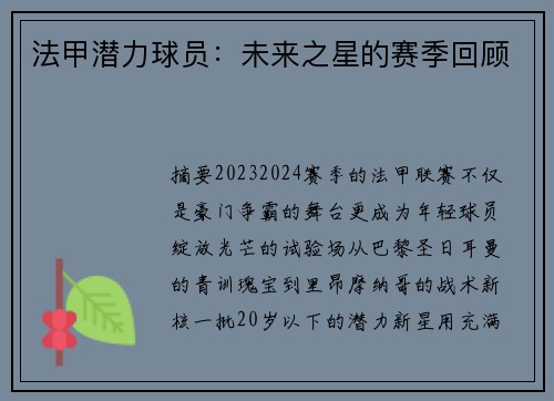 法甲潜力球员：未来之星的赛季回顾