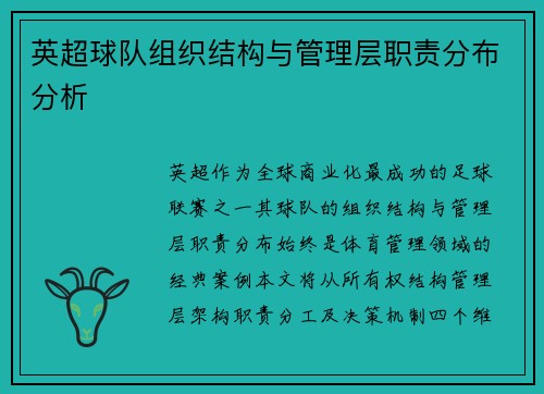 英超球队组织结构与管理层职责分布分析